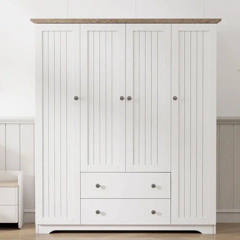 Freestanding 4 - Door Wardrobe Armoire with 2 Drawers and Hanging Rods for Clothes Storage