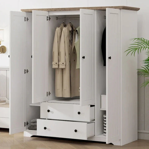 Freestanding 4 - Door Wardrobe Armoire with 2 Drawers and Hanging Rods for Clothes Storage