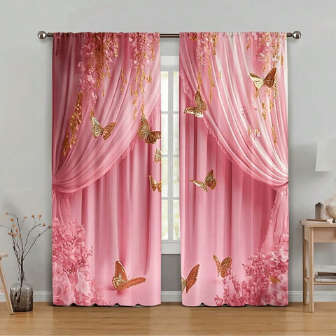 2pcs Modern Pink Floral Butterfly Print Curtains, Gold Butterfly Pink Curtain Pattern, 100% Polyester Rod Pocket Curtains Suitable For Bedroom, Office, Living Room - Machine Washable, Vintage Pattern, Kitchen, Home Decor 90-100g/M², 2D Flat Print