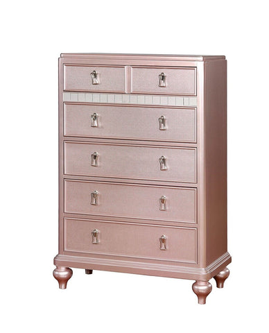 Contemporary Rosé Gold Twin Size Bed 6pc Set Dresser Mirror Nightstand Chest Padded HB Tufted Bedroom Furniture Solid Wood
