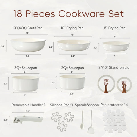 Carote 18 Pcs Ceramic Nonstick Cookware Set, Pots and Pans Set with Detachable Handles, Oven/Dishwasher Safe, Stackable Kitchen Cooking Set, White