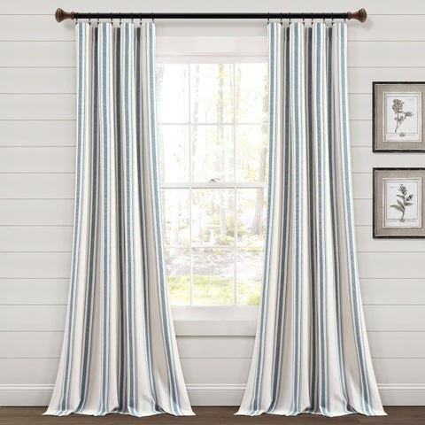 Lush Decor Farmhouse Stripe Yarn Dyed Cotton Window Curtain Panel Pair - 84" x 42" - Blue