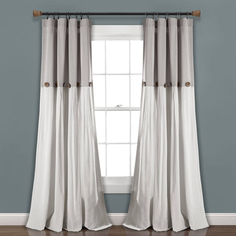 Lush Decor Linen Button Window Curtain Panel - 84", Single, Gray/White