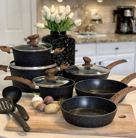 Kitchen Academy Better Living Through Cooking Perfection Kitchen Academy Induction Cookware Sets - 12 Piece Cooking Pan Set, Granite Black Nonstick